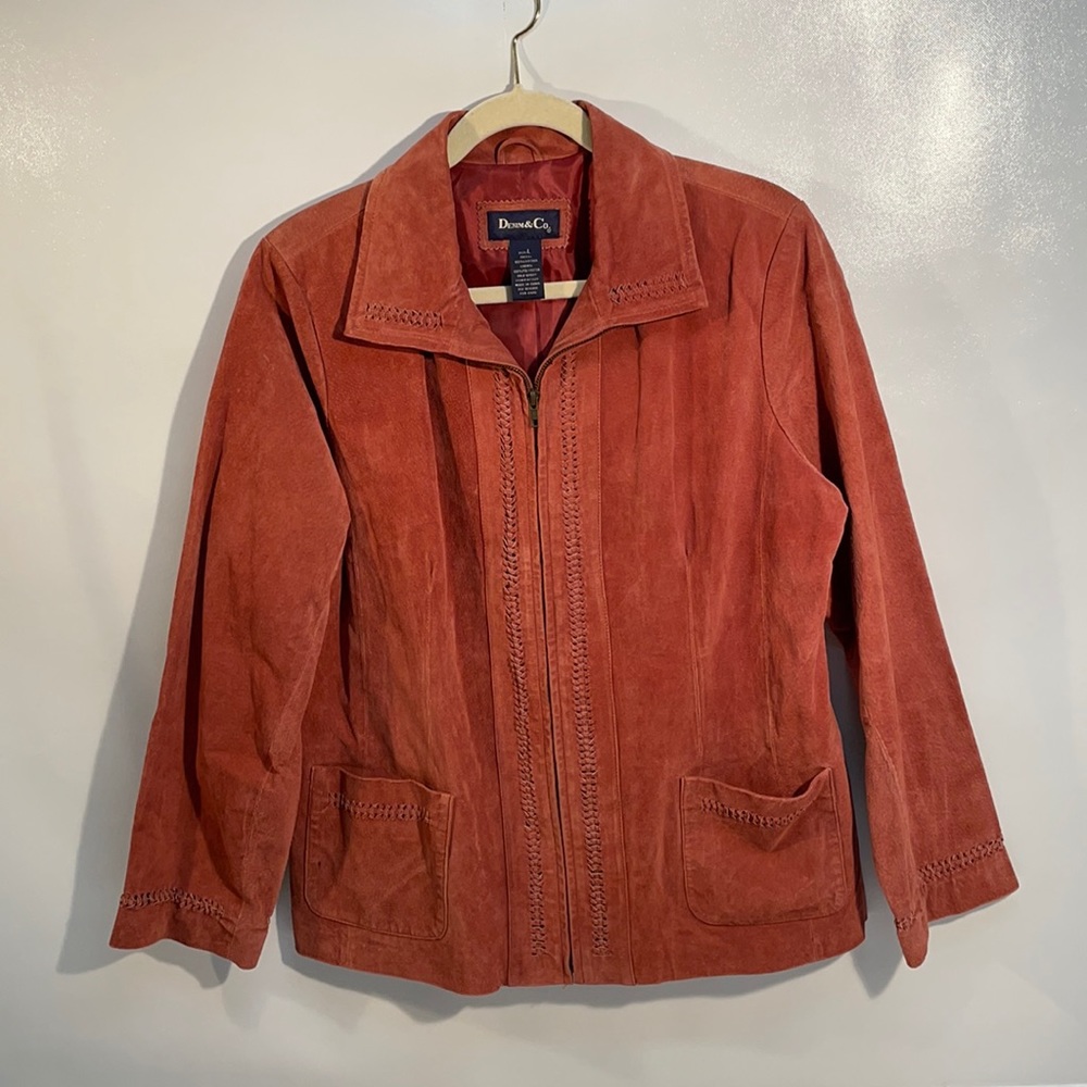 Denim&Co red leather jacket, it’s a size Large.